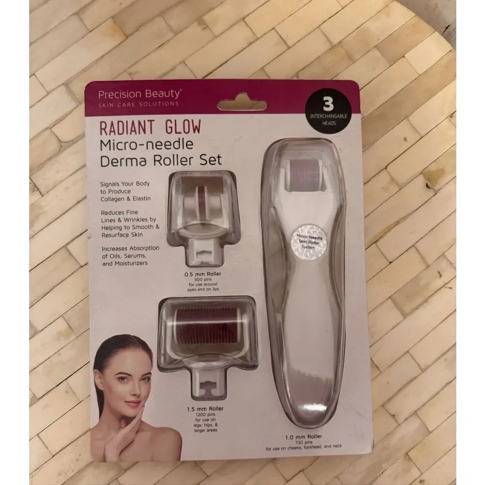 Precision Beauty Radiant Glow Microneedle Derma Roller Set 3 Interchangeable Hea